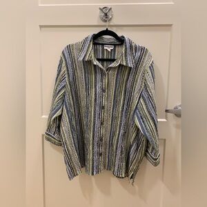 Breckenridge Women’s Size 2X Blu Green White Striped 3/4 Sleeve Button Up Shirt